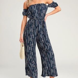 Lulu’s Navy Blue Multi Print Off Shoulder Jumpsuit